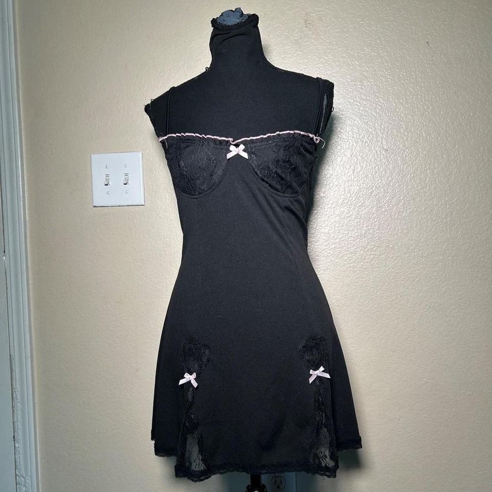 Black Lace Babydoll Mini Dress Pink Bow Trim Y2K Coquette Large Fits Medium